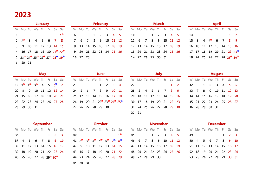 2023年日历 带节假日安排 A4横向 英文版 无农历 带周数 周一开始